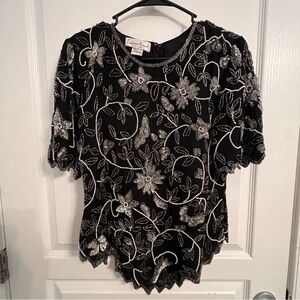 Vintage Women’s Laurence Kazar Black 100% Silk Floral Beaded Sequined Top Sz L